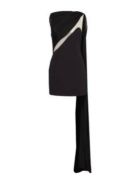 Black and Cream One-Shoulder Mini Dress with Draped Sash